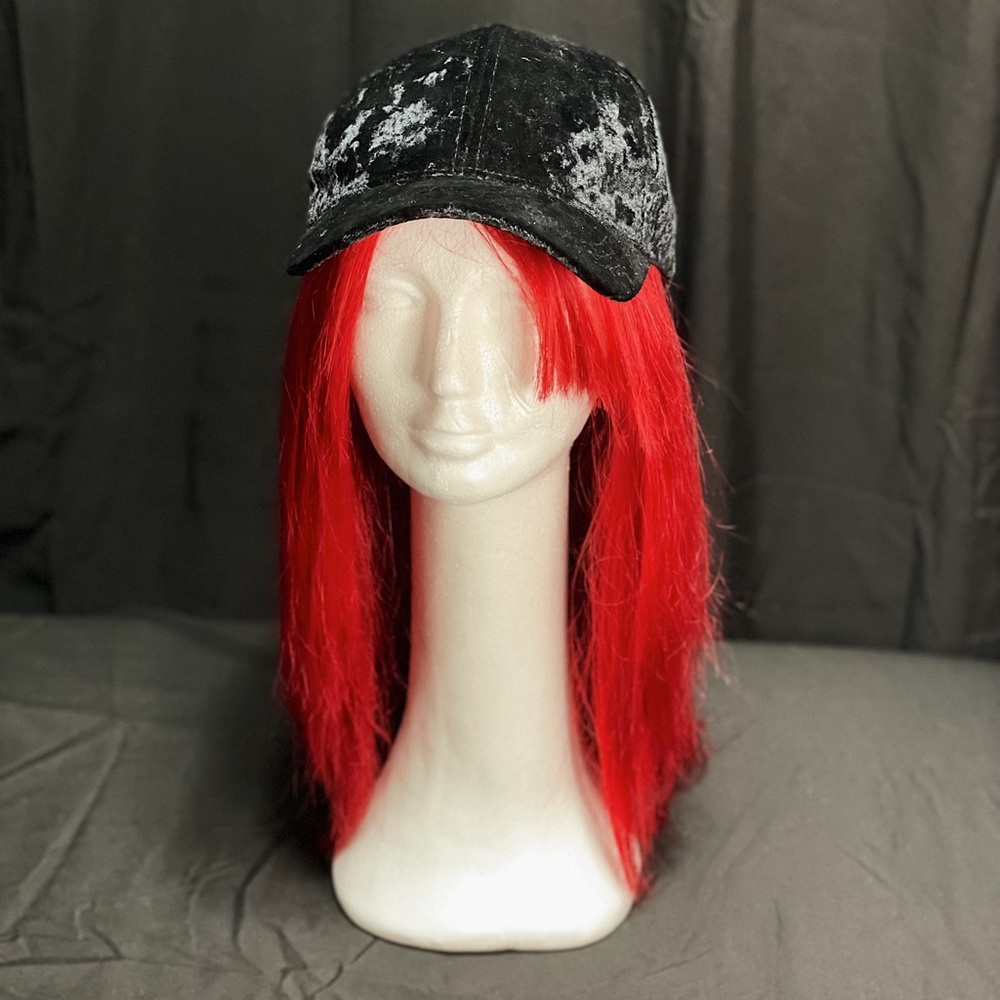 Black faux velvet and blue faux denim baseball caps